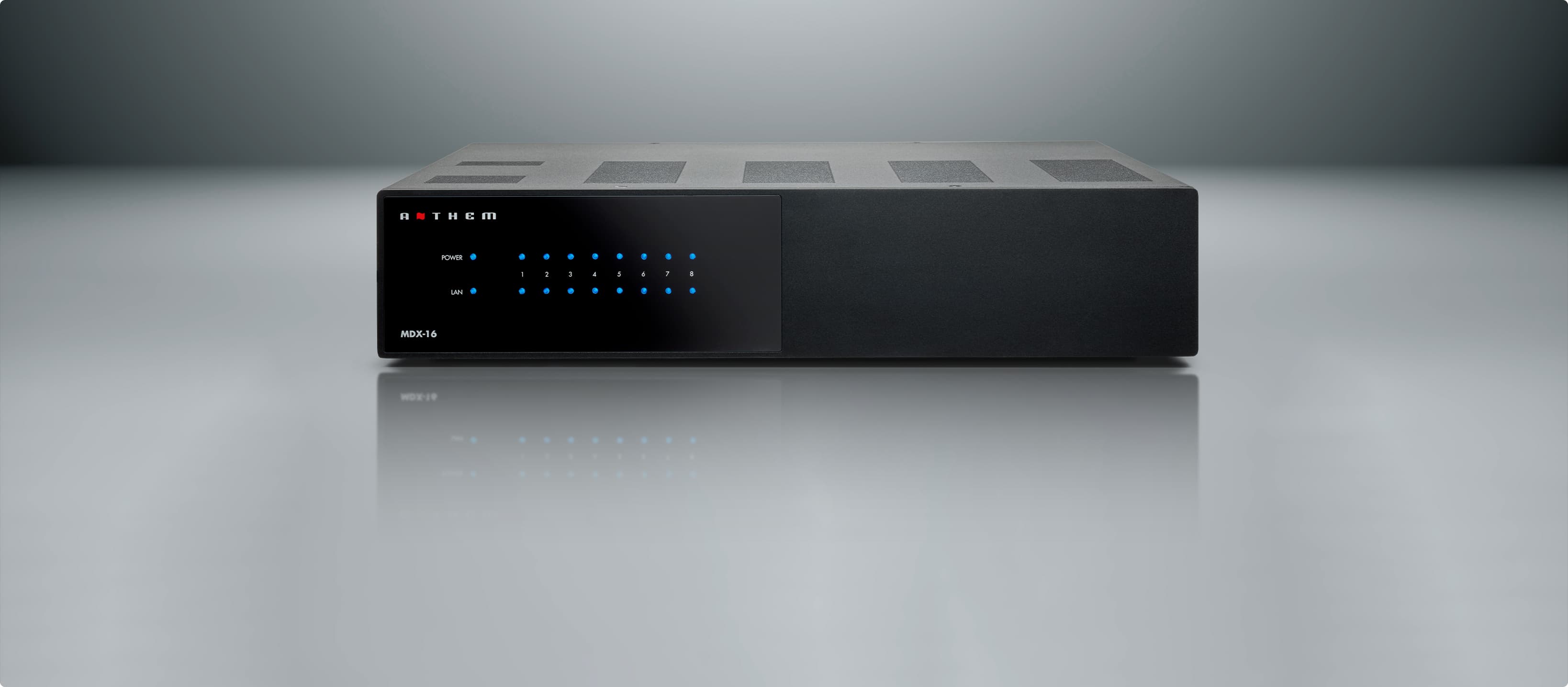 Anthem MDX-16 front panel view and LEDs, black finish