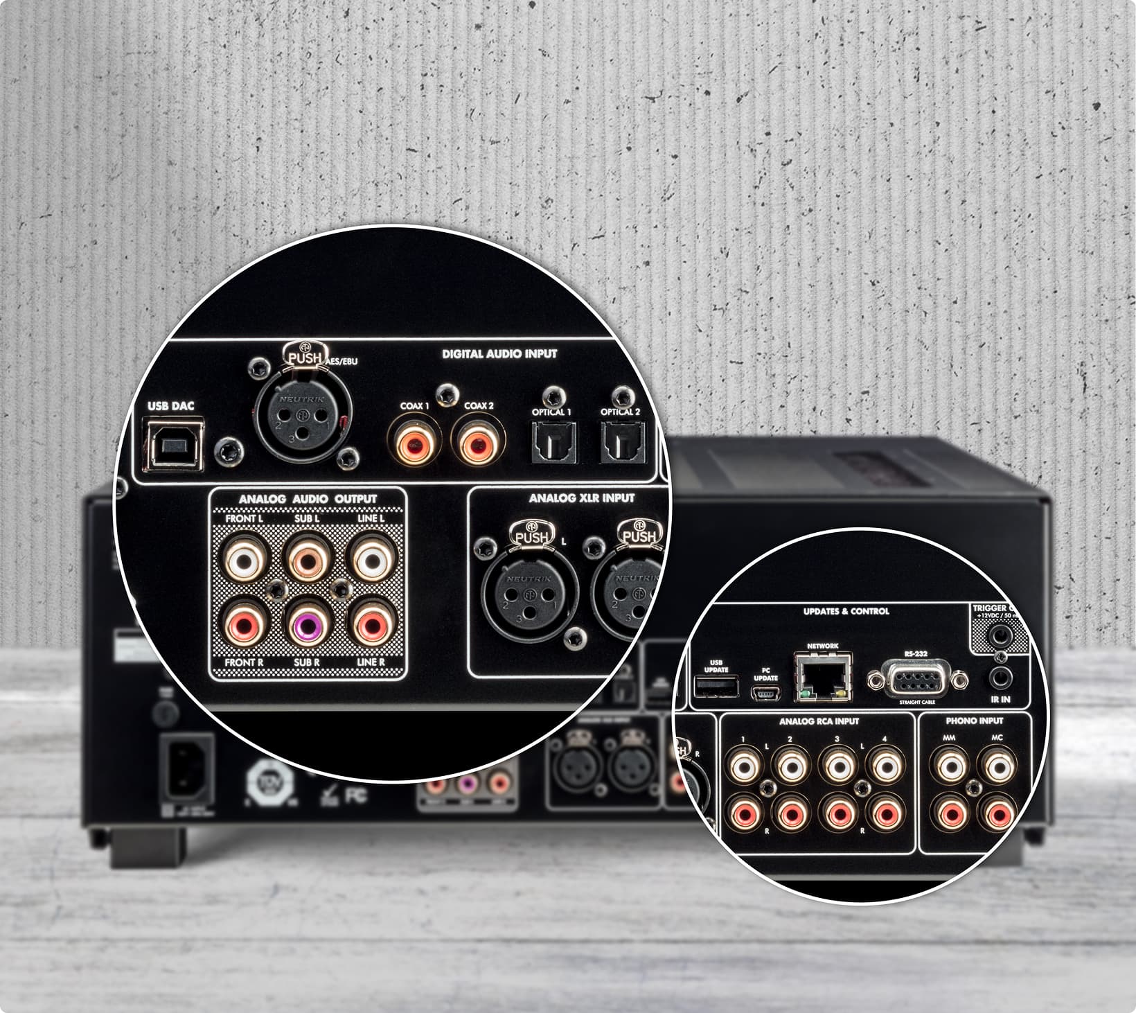 STR Integrated rear panel close-up highlighting connections and features