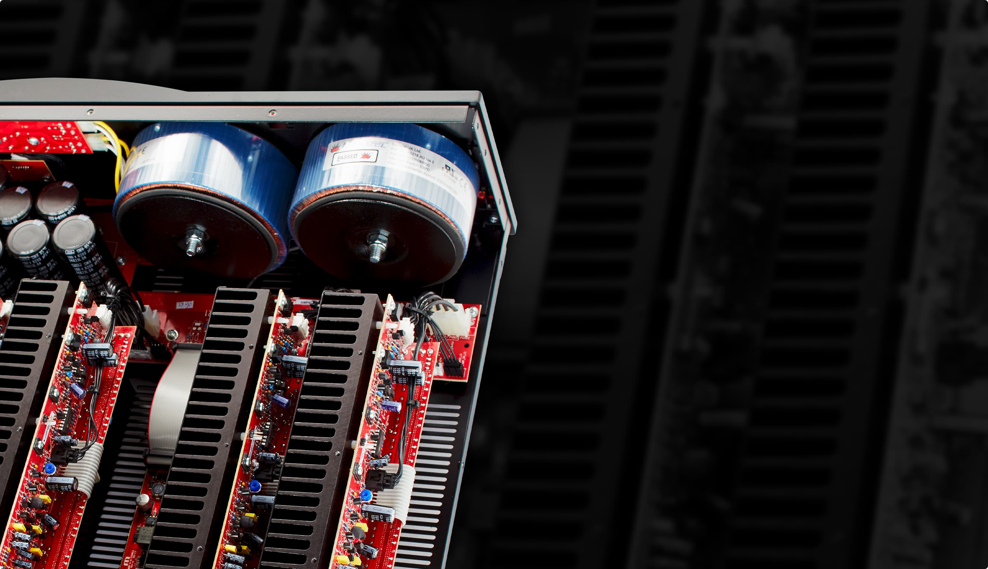 Internal view of STR Amplifier showcasing dual-mono architecture