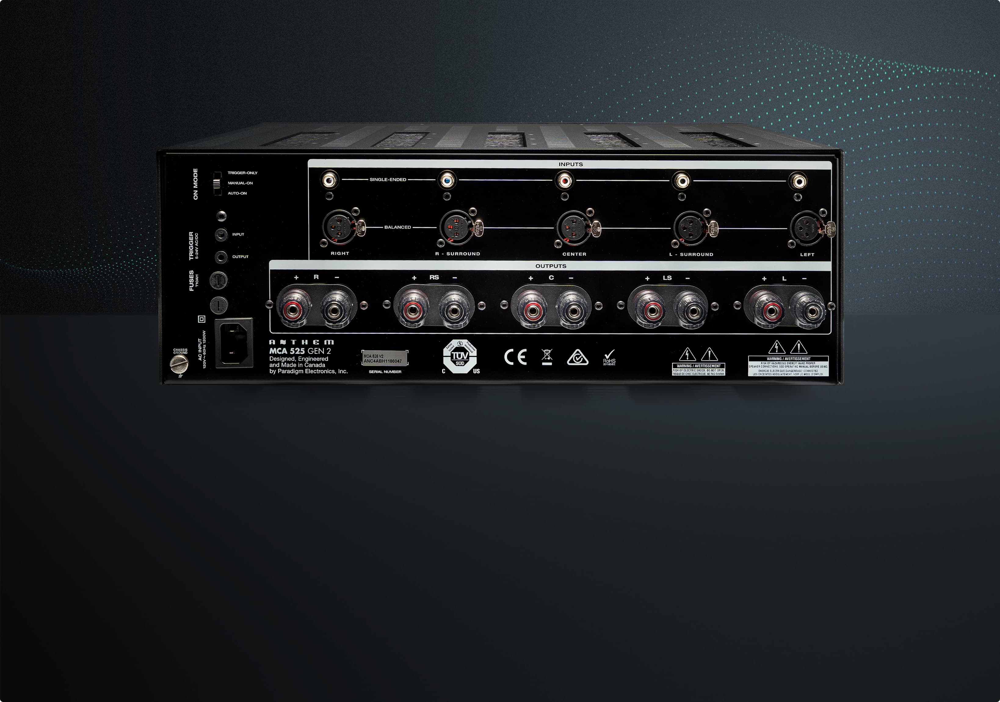 Rear view of MCA 525 Gen 2 amplifier displaying connectivity options