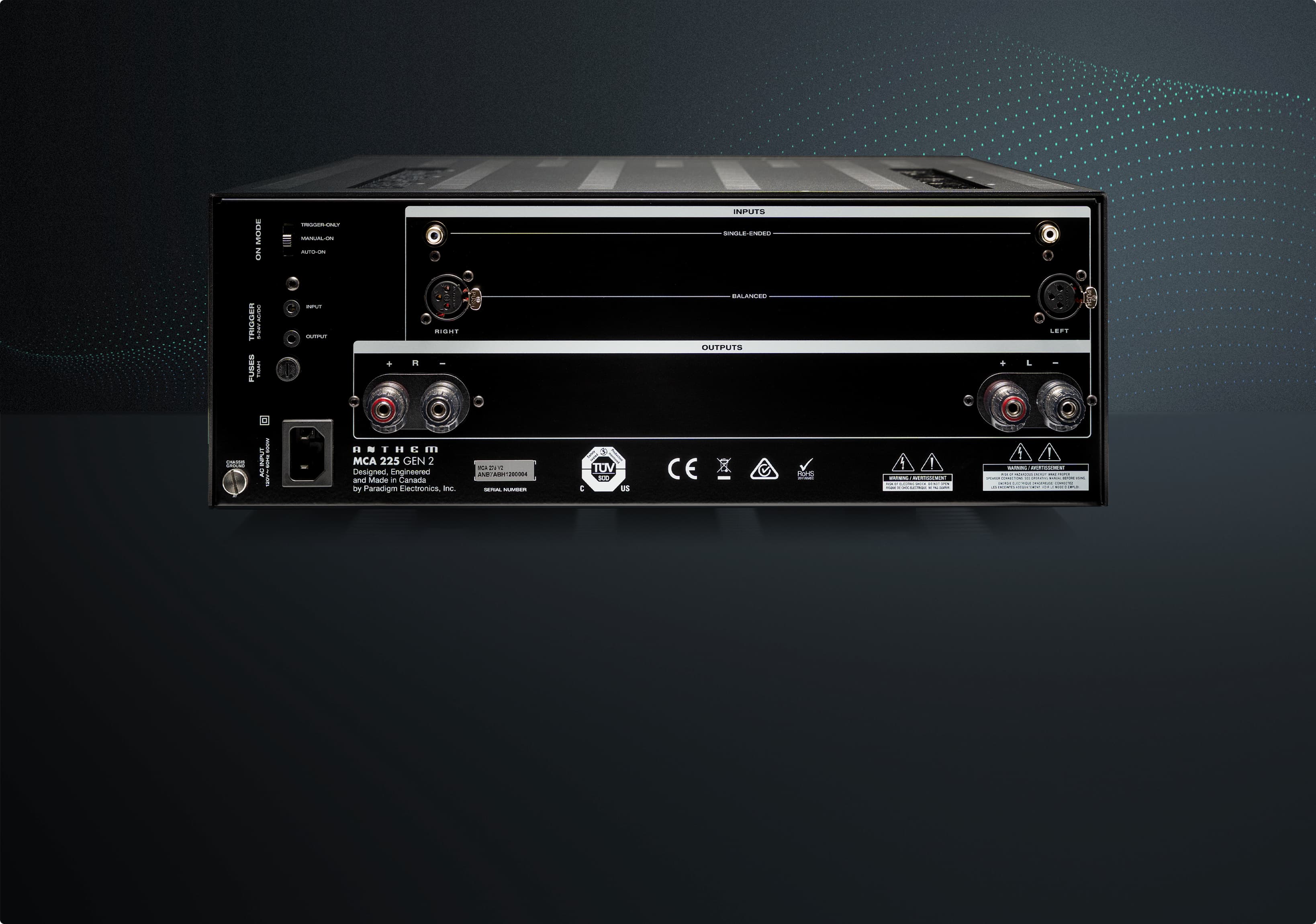 Rear view of MCA 225 Gen 2 amplifier displaying connectivity options