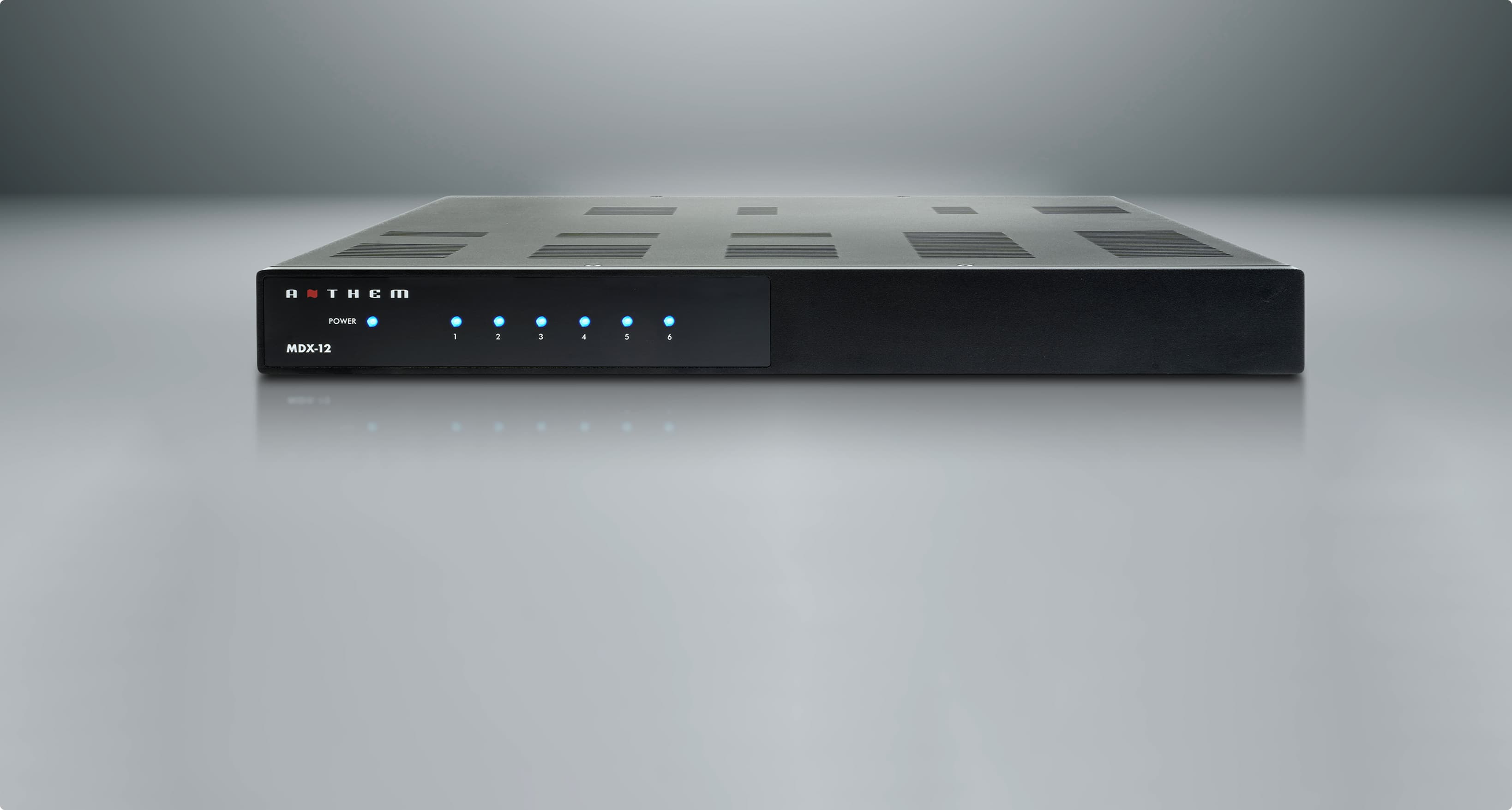 Anthem MDX-16 front panel view and LEDs, black finish