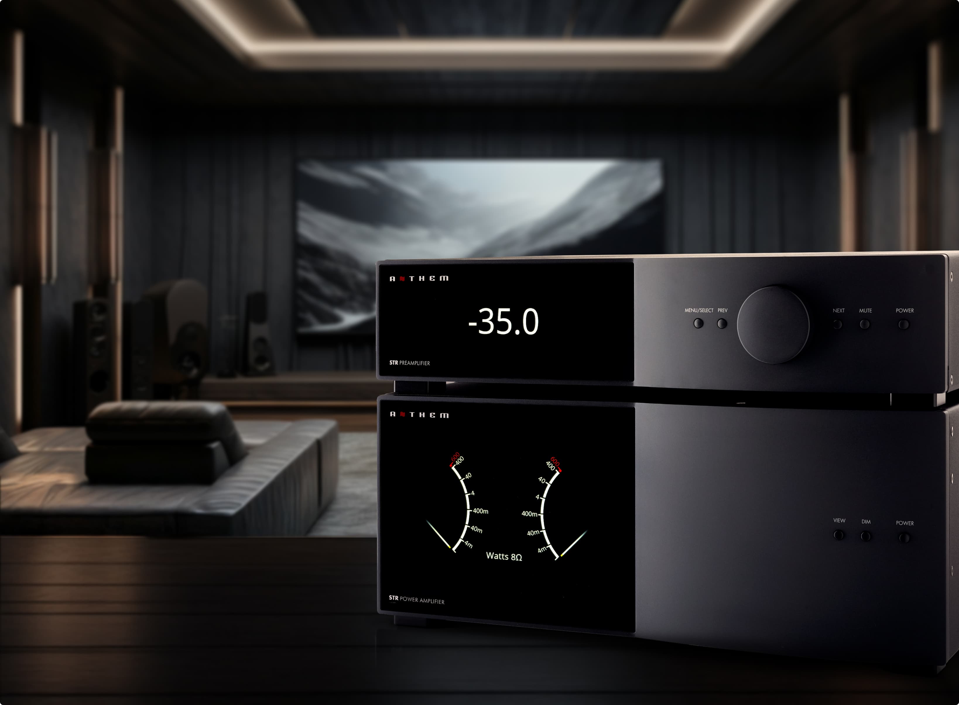 STR Preamplifier and Amplifier stacked with visible front panel features in living room