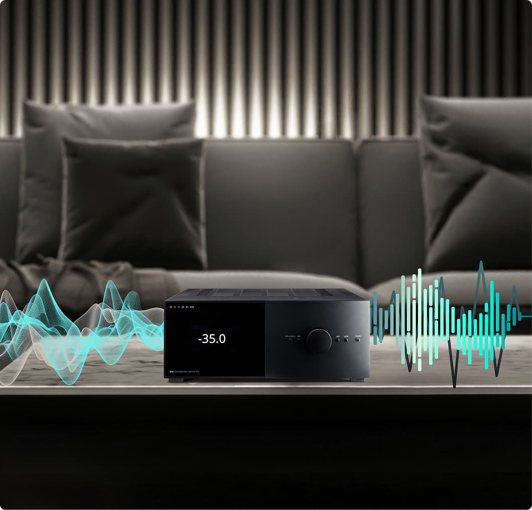 STR Integrated signal path diagram overlaid in living room setting